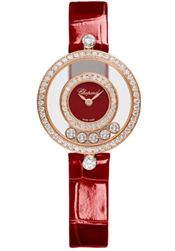 Chopard Happy Diamonds Yellow Gold 25.8 MM - Red Leather Strap - Diamond Bezel - Red Dial - 203957-5210