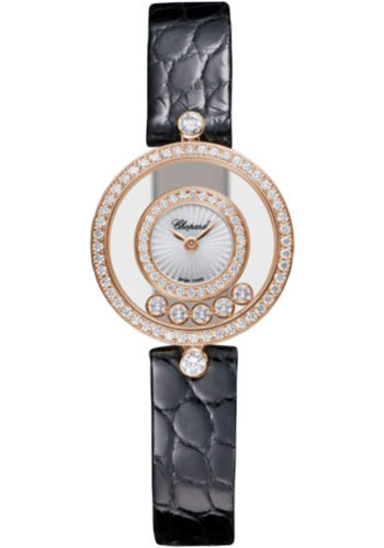 Chopard Happy Diamonds Rose Gold 25.8 MM - Black Leather Strap - Diamond Bezel - Mother-Of-Pearl Dial - 203957-5214