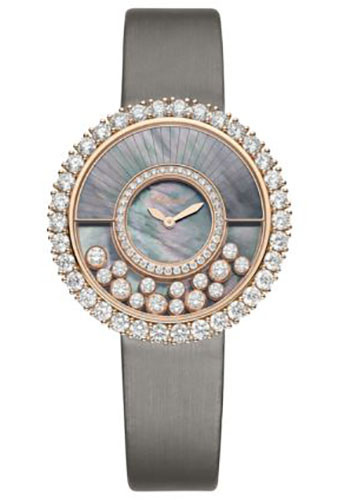 Chopard Happy Diamonds Rose Gold 38 MM - Silver Leather Strap - Diamond Bezel - Black Mother-Of-Pearl Dial - 204035-5001