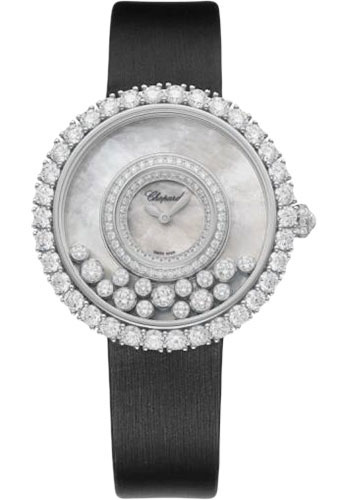 Chopard Happy Diamonds White Gold 37.70 MM - Black Leather Strap - Diamond Bezel - Mother-Of-Pearl Dial - 204445-1001