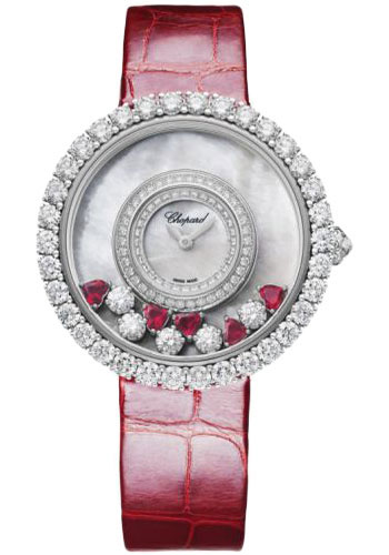 Chopard Happy Diamonds White Gold 37.70 MM - Red Leather Strap - Diamond Bezel - Mother-Of-Pearl Dial - 204445-1006