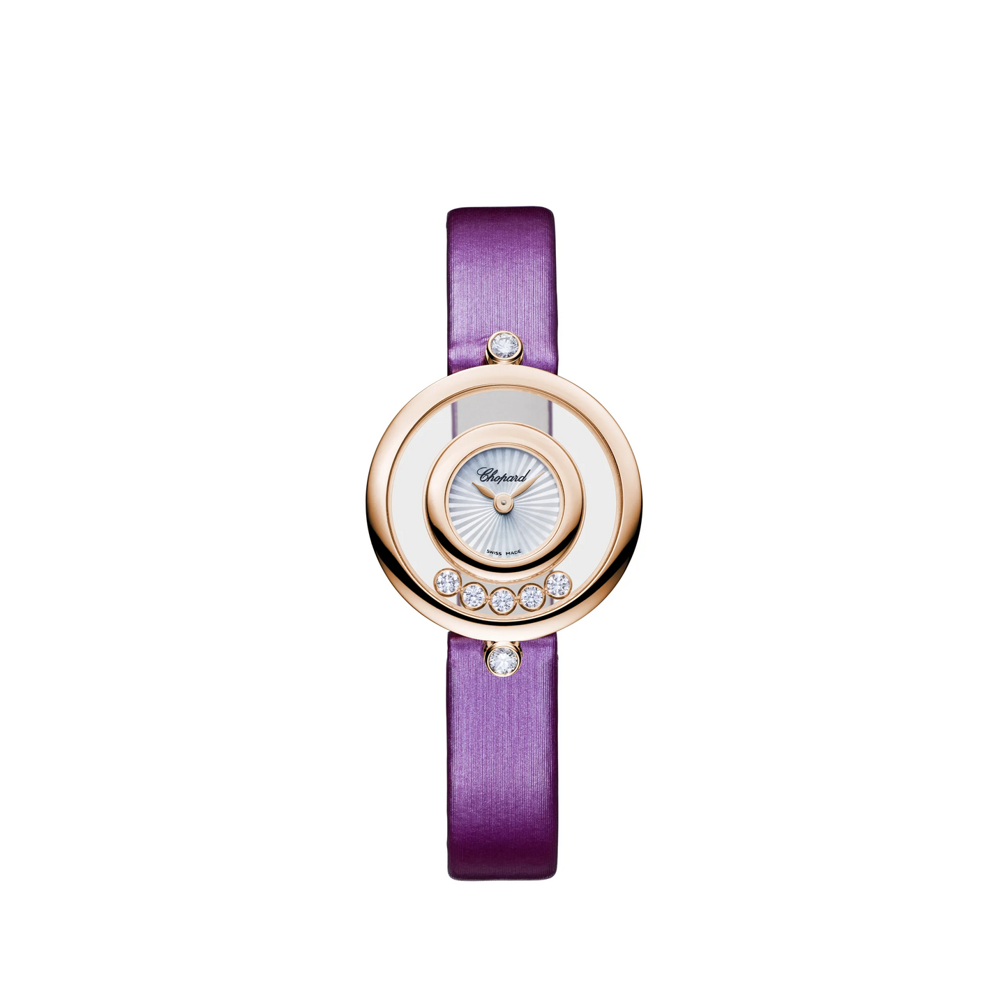 Chopard Happy Diamonds Rose Gold 25.8 MM - Purple Leather Strap - Diamond Bezel - Mother-Of-Pearl Dial - 209415-5001