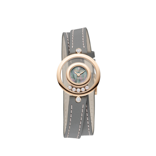 Chopard Happy Diamonds Rose Gold 26 MM - Gray Leather Strap - Black Tahitian Mother-Of-Pearl Dial - 209415-5003