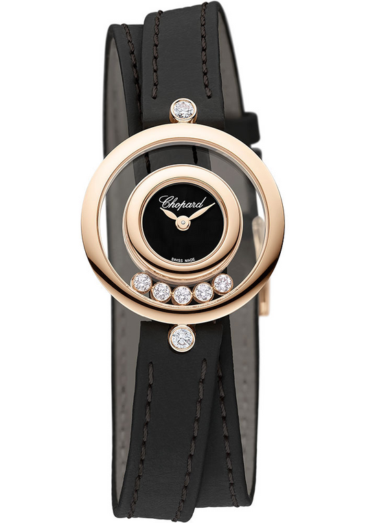 Chopard Happy Diamonds Rose Gold 26 MM - Black Leather Strap - Black Dial - 209415-5004