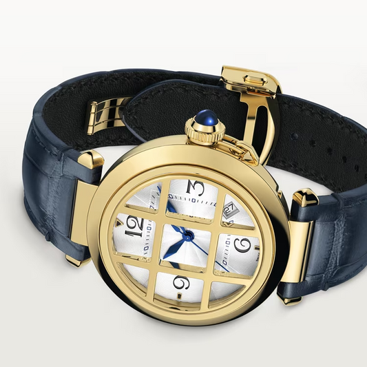 Cartier Pasha de Cartier Yellow Gold 41 MM - Blue Alligator Leather Strap - Silver Flinqué Dial - WGPA0019