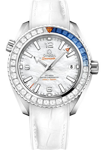 Omega Seamaster Planet Ocean White Gold 39.5 MM - White Leather Strap - Diamond Bezel - White Mother-Of-Pearl Dial - 215.58.40.20.05.001  nyc watcher nyc watches