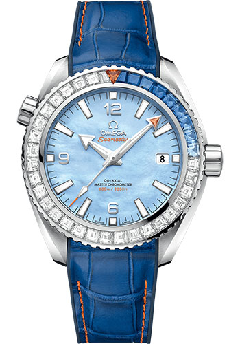 Omega Seamaster Planet Ocean White Gold 43.5 MM - Blue Leather Strap - Diamond Bezel - Blued Mother-Of-Pearl Dial - 215.58.44.21.07.001 nyc watcher nyc watches