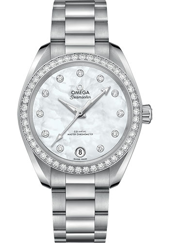 Omega Seamaster Aqua Terra Co Axial Stainless Steel 34 MM - Stainless Steel Bracelet - Diamond Bezel - White Mother-Of-Pearl Diamond Dial - 220.15.34.20.55.001