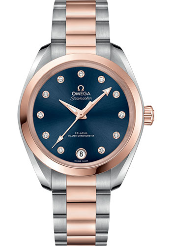 Omega Seamaster Aqua Terra Co Axial Stainless Steel and Rose Gold 34 MM - Stainless Steel and Rose Gold Bracelet - Glossy Ocean-Blue Diamond Dial - 220.20.34.20.53.001