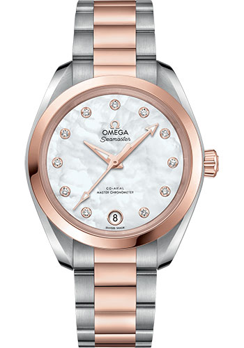 Omega Seamaster Aqua Terra Co Axial Stainless Steel and Rose Gold 34 MM - Stainless Steel and Rose Gold Bracelet - White Mother-Of-Pearl Diamond Dial - 220.20.34.20.55.001