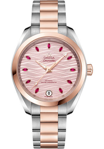 Omega Seamaster Stainless Steel and Rose Gold 34 MM - Stainless Steel and Rose Gold Bracelet - Pale Pink Wave-Embossed Diamond Dial - 220.20.34.20.60.001