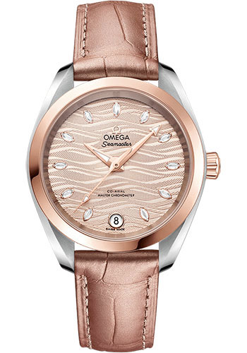 Omega Seamaster Stainless Steel and Rose Gold 34 MM - Beige Leather Strap - Nude Wave-Embossed Diamond Dial - 220.23.34.20.59.001