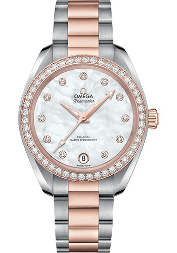 Omega Seamaster Aqua Terra Co Axial Stainless Steel and Rose Gold 34 MM - Stainless Steel and Rose Gold Bracelet - Diamond Bezel - White Mother-Of-Pearl Diamond Dial - 220.25.34.20.55.001