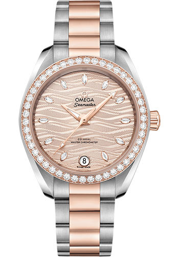 Omega Seamaster Stainless Steel and Rose Gold 34 MM - Stainless Steel and Rose Gold Bracelet - Diamond Bezel - Nude Wave-Embossed Diamond Dial - 220.25.34.20.59.001