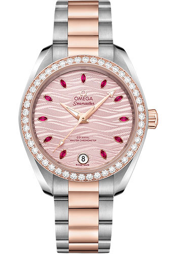 Omega Seamaster Stainless Steel and Rose Gold 34 MM - Stainless Steel and Rose Gold Bracelet - Diamond Bezel - Pale Pink Wave-Embossed Diamond Dial - 220.25.34.20.60.001