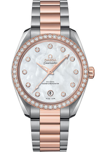 Omega Seamaster Aqua Terra Co Axial Stainless Steel and Rose Gold 38 MM - Stainless Steel and Rose Gold Bracelet - Diamond Bezel - White Mother-Of-Pearl Diamond Dial - 220.25.38.20.55.001