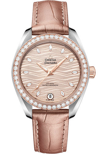 Omega Seamaster Stainless Steel and Rose Gold 34 MM - Beige Leather Strap - Diamond Bezel - Nude Wave-Embossed Diamond Dial - 220.28.34.20.59.001