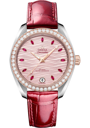 Omega Seamaster Stainless Steel and Rose Gold 34 MM - Red Leather Strap - Diamond Bezel - Pale Pink Wave-Embossed Diamond Dial - 220.28.34.20.60.001