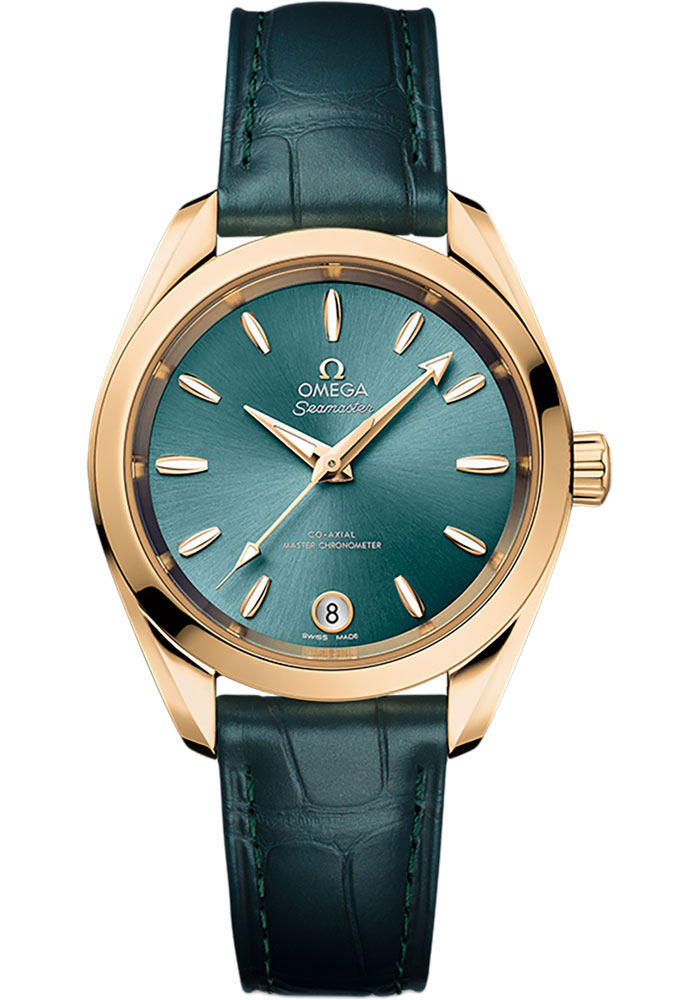 Omega Seamaster Aqua Terra Co Axial Yellow Gold 34 MM - Blue Leather Strap - Lacquered Lagoon Green Dial - 220.53.34.20.10.001