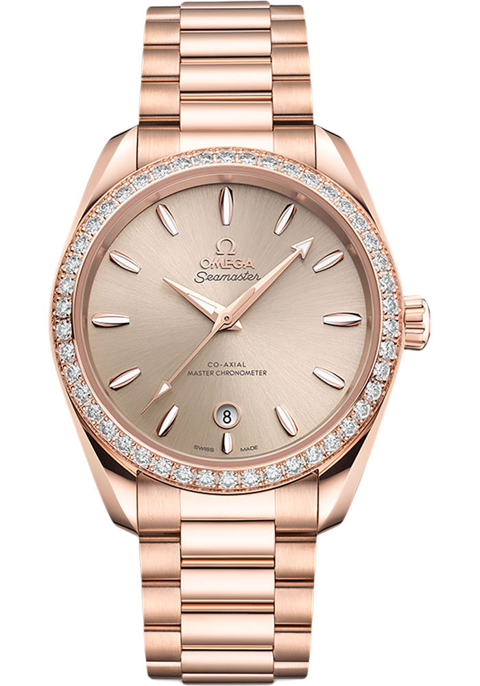 Omega Seamaster Rose Gold 38 MM - Rose Gold Bracelet - Diamond Bezel - Lacquered Sandstone Dial - 220.55.38.20.09.001