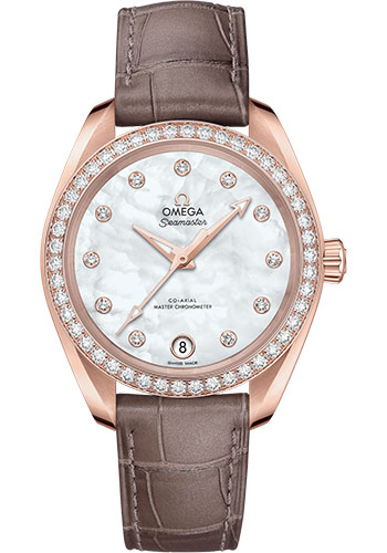 Omega Seamaster Aqua Terra Co Axial Rose Gold 34 MM - Brown Leather Strap - Diamond Bezel - White Mother-Of-Pearl Diamond Dial - 220.58.34.20.55.001