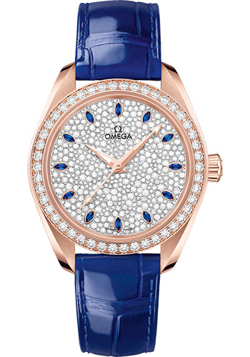 Omega Seamaster Aqua Terra Co Axial Rose Gold 34 MM - Blue Leather Strap - Diamond Bezel - Diamond Dial - 220.58.34.20.99.002