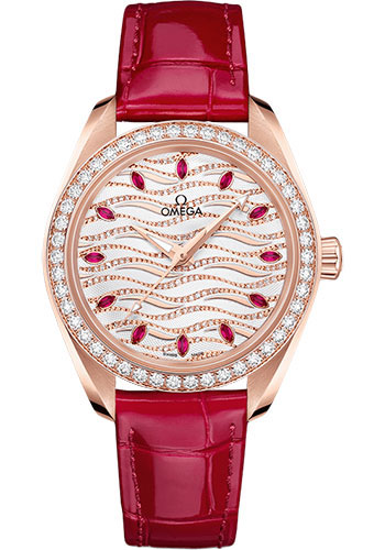 Omega Seamaster Aqua Terra Co Axial Rose Gold 34 MM - Red Leather Strap - Diamond Bezel - White Diamond Wave Ruby Dial - 220.58.34.20.99.004