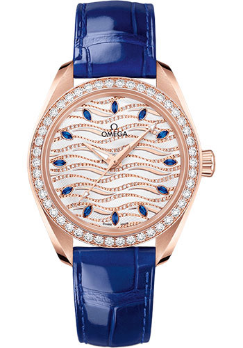 Omega Seamaster Rose Gold 34 MM - Blue Leather Strap - Diamond Bezel - White Diamond Wave Sapphire Dial - 220.58.34.20.99.005