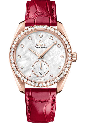 Omega Seamaster Rose Gold 38 MM - Red Leather Strap - Diamond Bezel - Extrwhite Mother-Of-Pearl Dial - 220.58.38.20.55.002