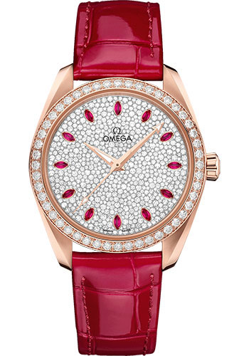 Omega Seamaster Rose Gold 38 MM - Glossy Red Leather Strap - Diamond Bezel - Fully Paved Diamond Dial - 220.58.38.20.99.001