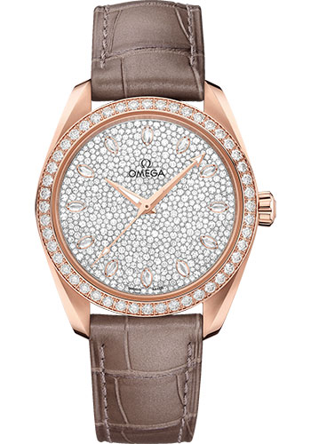 Omega Seamaster Rose Gold 38 MM - Taupe Brown Leather Strap - Diamond Bezel - Diamond Dial - 220.58.38.20.99.003