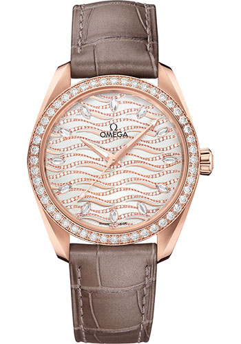 Omega Seamaster Rose Gold 38 MM - Taupe Brown Leather Strap - Diamond Bezel - Diamond Dial - 220.58.38.20.99.006