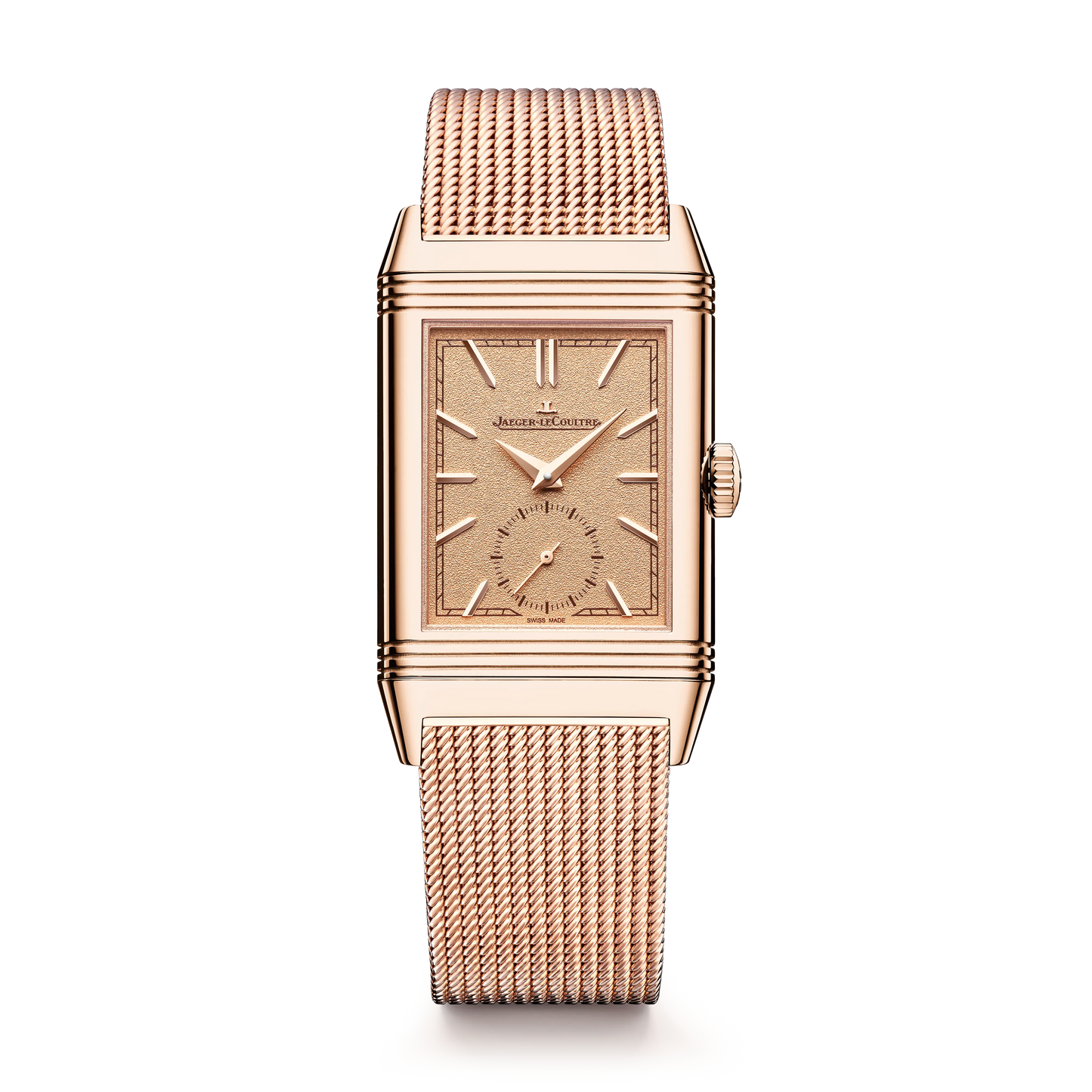 JLC - Reverso Tribute Monoface Small Seconds - 45.6 MM x 27.4 MM - Pink Gold - Golden Grained Dial - Milanese Gold Mesh Bracelet - Q713216J