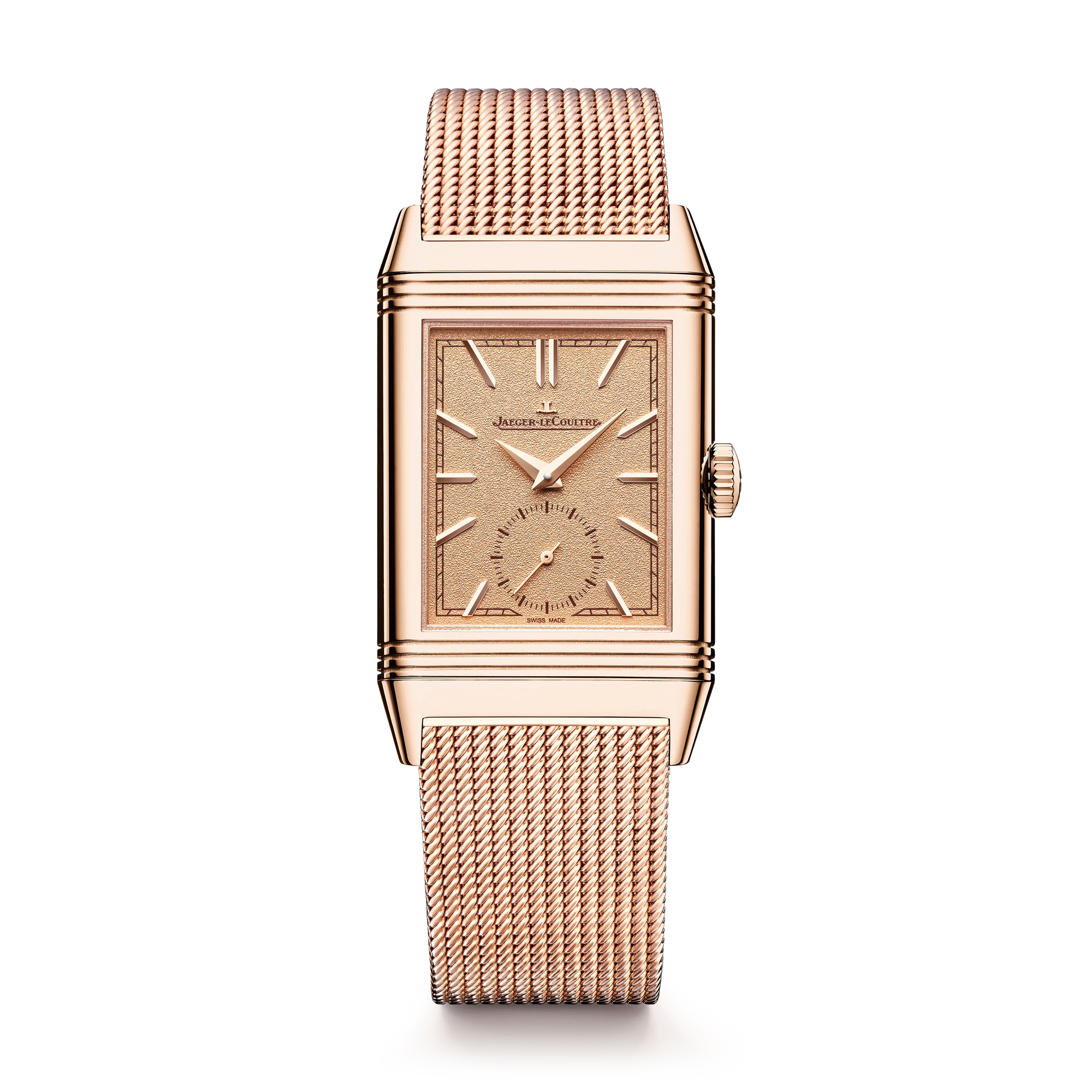 JLC - Reverso Tribute Monoface Small Seconds - 45.6 MM x 27.4 MM - Pink Gold - Golden Grained Dial - Milanese Gold Mesh Bracelet - Q713216J