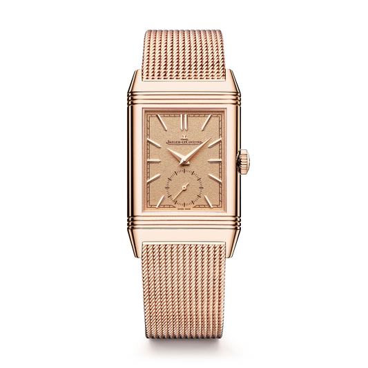 JLC - Reverso Tribute Monoface Small Seconds - 45.6 MM x 27.4 MM - Pink Gold - Golden Grained Dial - Milanese Gold Mesh Bracelet - Q713216J