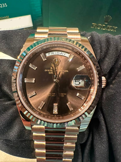 Rolex Presidential Everose Gold Day-Date 40MM - President Bracelet Watch - Chocolate Baguette Dial - 228235-0003