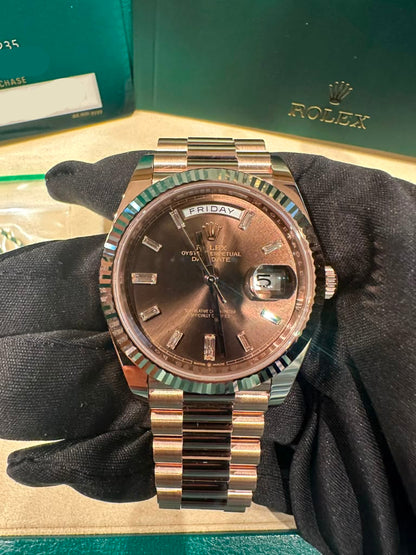 Rolex Presidential Everose Gold Day-Date 40MM - President Bracelet Watch - Chocolate Baguette Dial - 228235-0003