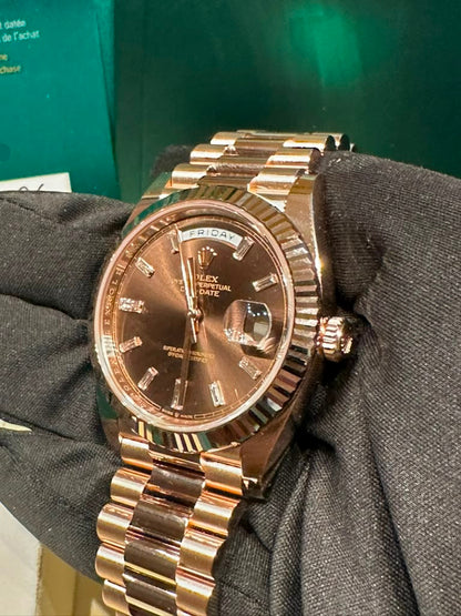 Rolex Presidential Everose Gold Day-Date 40MM - President Bracelet Watch - Chocolate Baguette Dial - 228235-0003