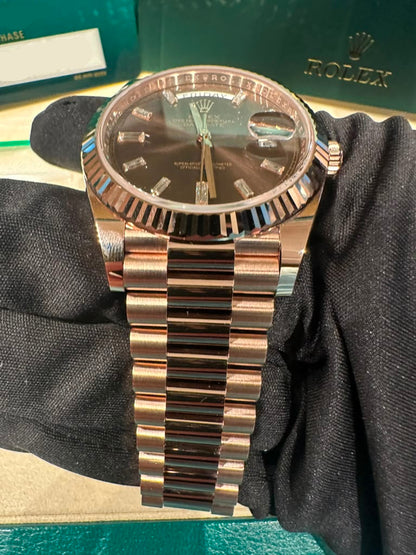 Rolex Presidential Everose Gold Day-Date 40MM - President Bracelet Watch - Chocolate Baguette Dial - 228235-0003