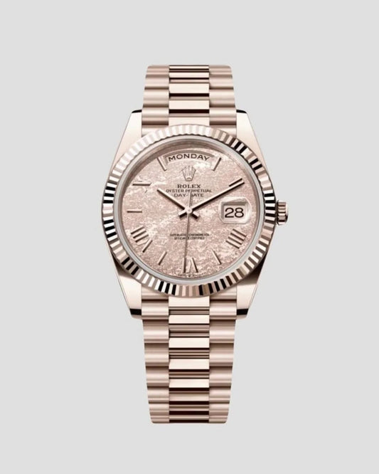 Rolex Jubilee Gold Day-Date Watch - Off-Catalog - 40 MM - President bracelet - Fluted Bezel - Gold Leaf Motif Dial - 228235JG-0002