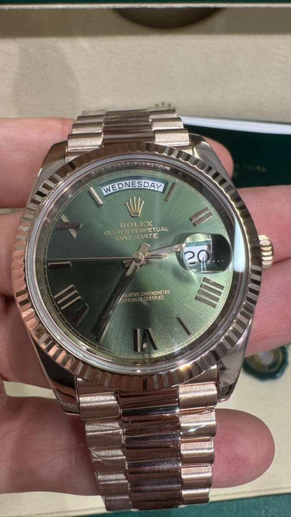 Rolex Presidential Everose Gold Day-Date 40MM - President Bracelet Watch - Olive Roman Dial - 228235-0025