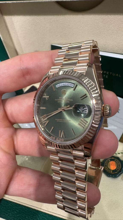 Rolex Presidential Everose Gold Day-Date 40MM - President Bracelet Watch - Olive Roman Dial - 228235-0025