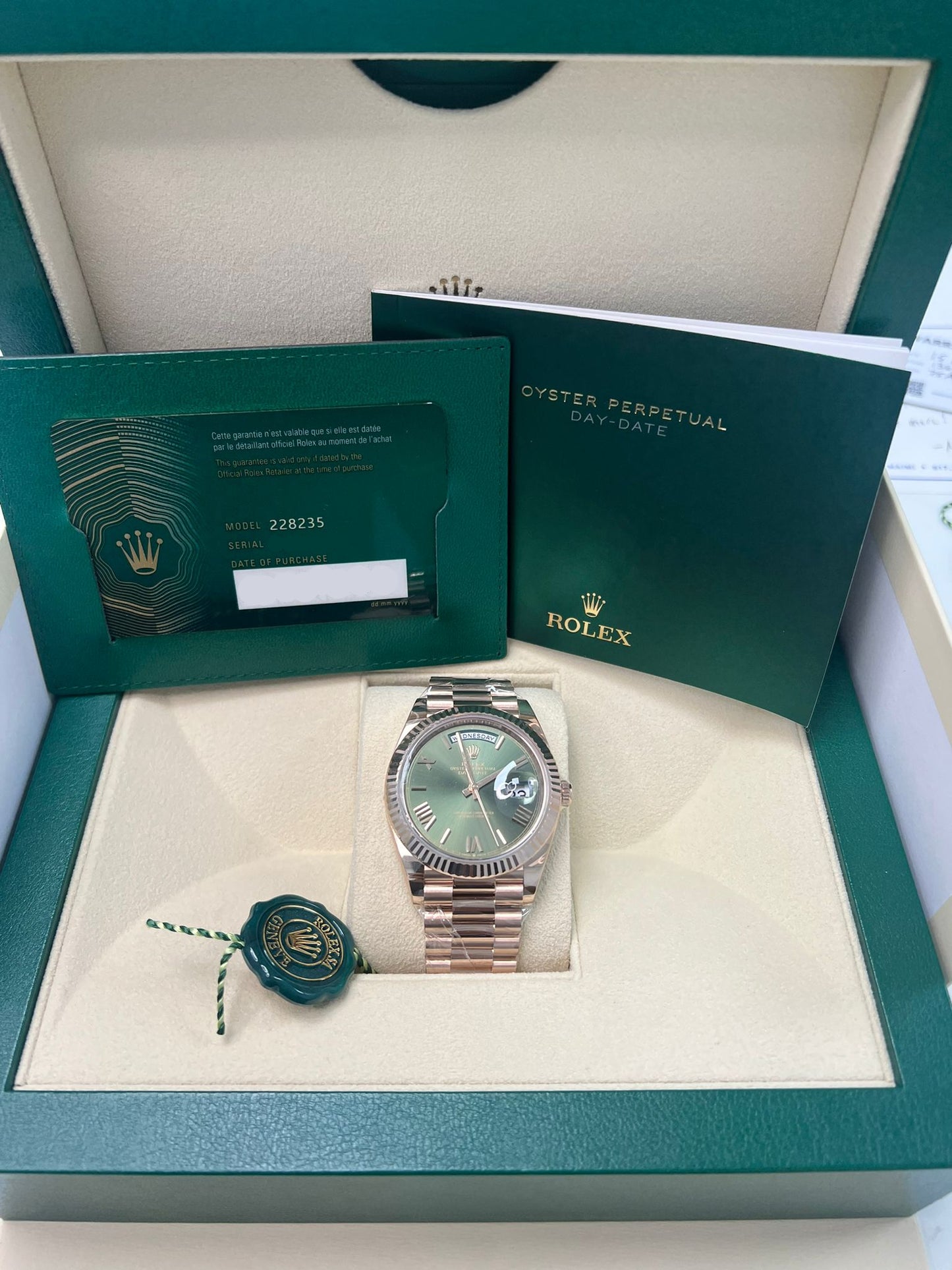 Rolex Presidential Everose Gold Day-Date 40MM - President Bracelet Watch - Olive Roman Dial - 228235-0025