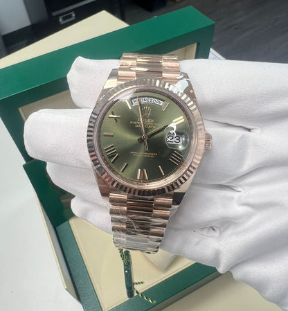 Rolex Presidential Everose Gold Day-Date 40MM - President Bracelet Watch - Olive Roman Dial - 228235-0025