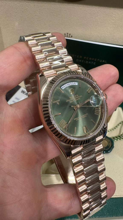 Rolex Presidential Everose Gold Day-Date 40MM - President Bracelet Watch - Olive Roman Dial - 228235-0025