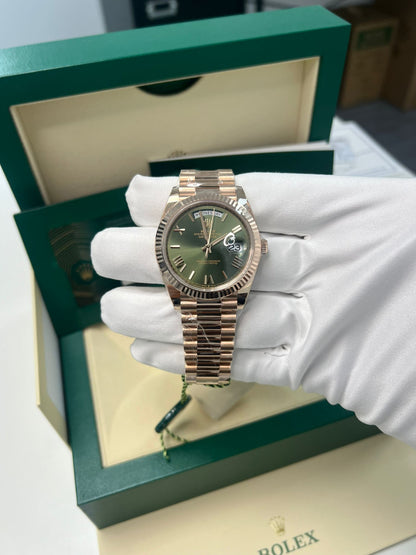Rolex Presidential Everose Gold Day-Date 40MM - President Bracelet Watch - Olive Roman Dial - 228235-0025