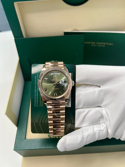 Rolex Presidential Everose Gold Day-Date 40MM - President Bracelet Watch - Olive Roman Dial - 228235-0025