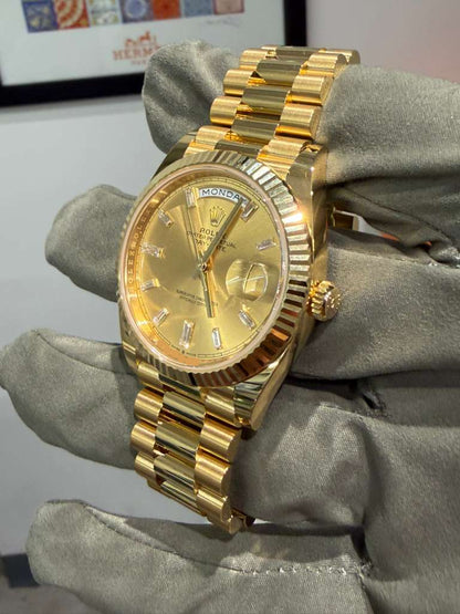 Rolex Presidential Yellow Gold Day-Date 40MM - President Bracelet Watch - Champagne Baguette Diamond Dial - 228238-0005