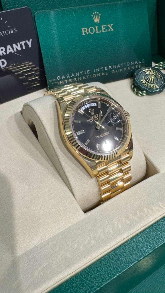 Rolex Presidential Yellow Gold Day-Date 40MM - President Bracelet Watch - Black Baguette Diamond Dial - 228238 bkbdp