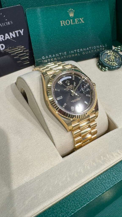 Rolex Presidential Yellow Gold Day-Date 40MM - President Bracelet Watch - Black Baguette Diamond Dial - 228238-0004